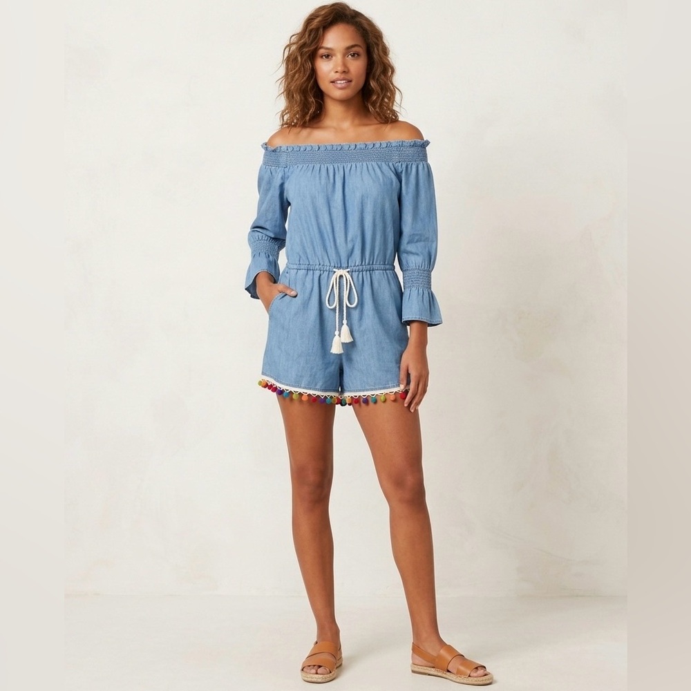 Saks Fifth Avenue Blue Chambray Denim Rainbow Pom Pom Romper, Size XS